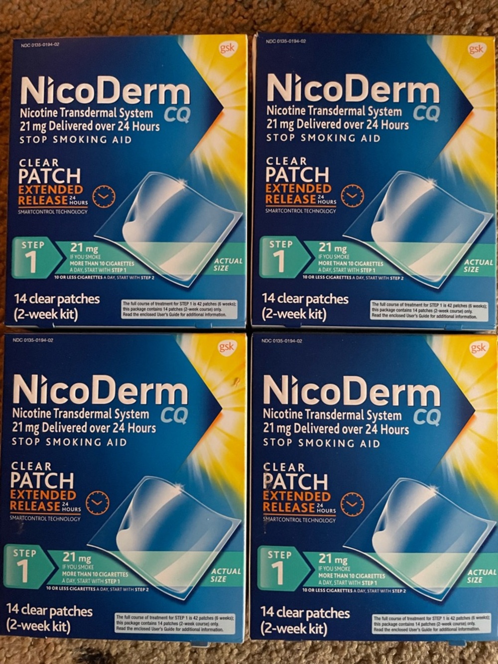 4 BOXES of Nicoderm CQ Step 1 - 21mg Nicotine Patch’s - 14 per box-Clear **NEW**